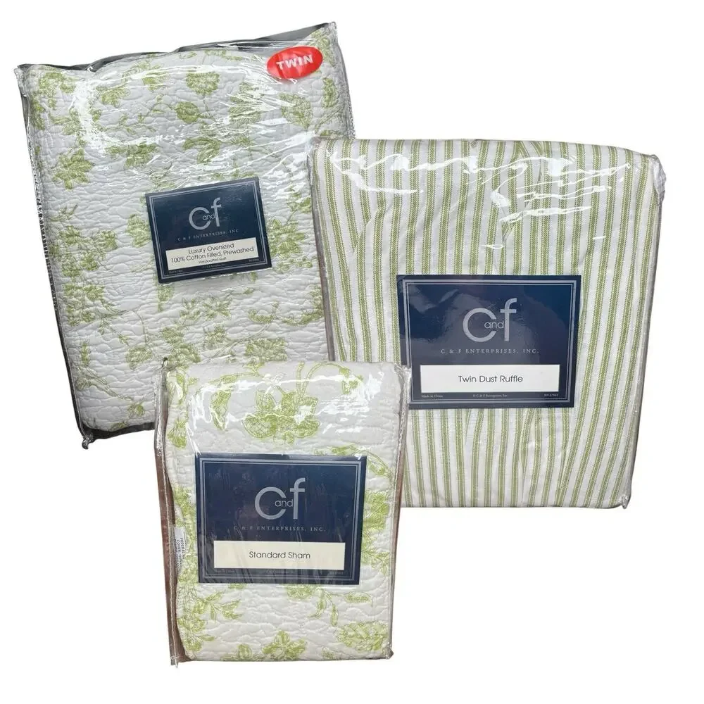 Colonial Williamsburg Green Brighton Toile Quilt Dust Ruffle and Sham Twin